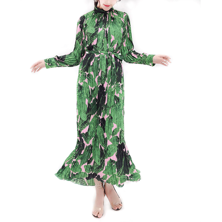 Eco-friendly Belt Pleated Women Dress Long Sleeve Casual Long Dresses 