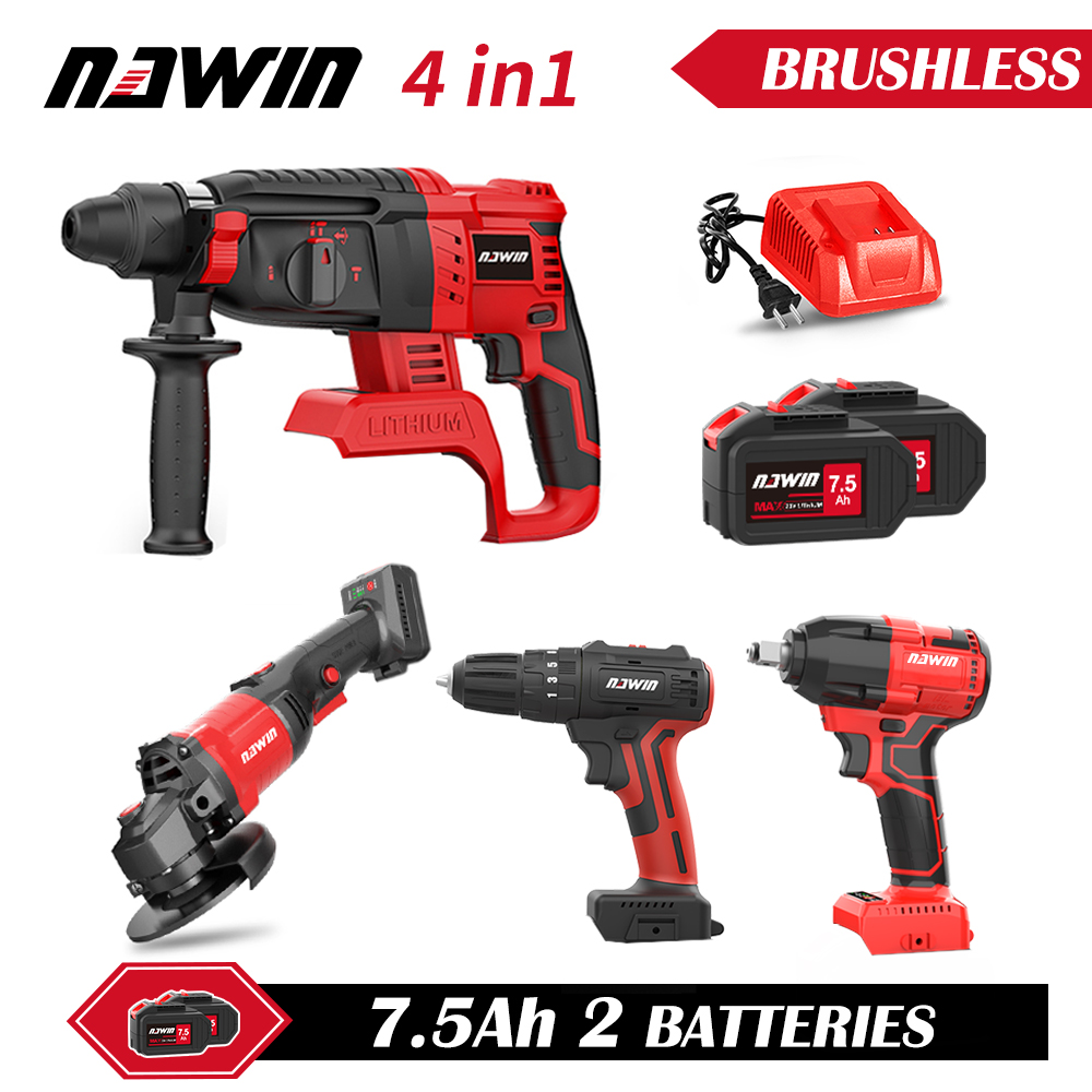 Tool Sets Box 7.5ah Brushless Cordless Power Hammer Drills Rotary/power Drills/ 380n Wrench/125mm Angle Grinder Power Tools Set 