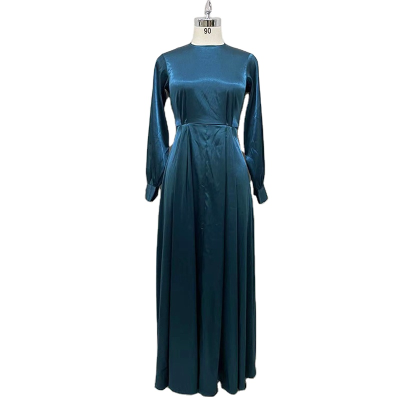 Dubai Turkey Arab Oman Elegant Satin Dress For Women Muslim Solid Color Long Sleeve Islamic Clothing Muslim Dresses Abaya 