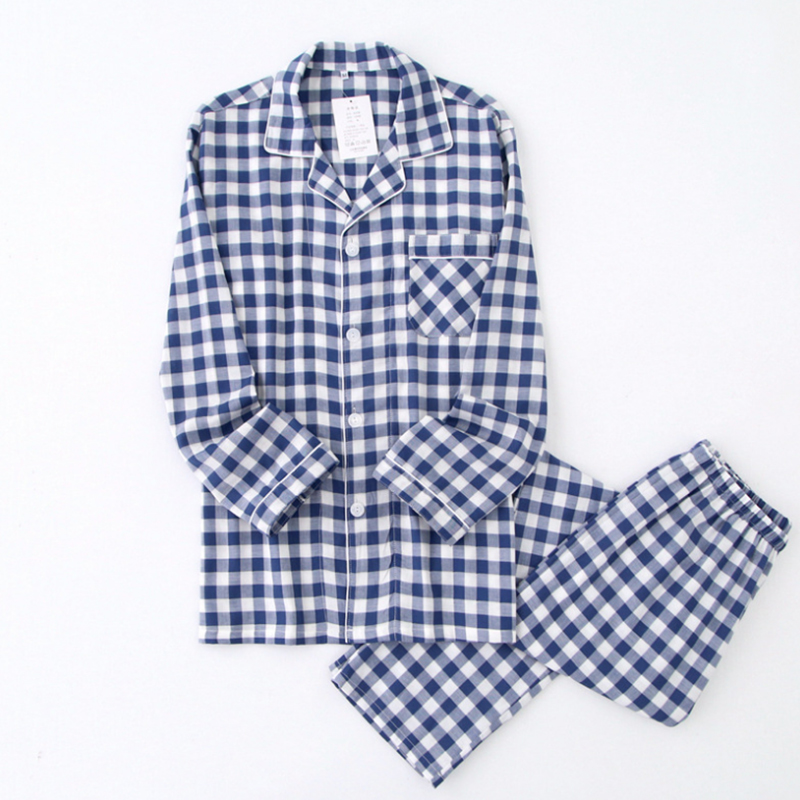 New Water-washed Cotton Long Sleeved Trousers Mens Pajamas Spring And Autumn Lapel Pure Cotton Pijama Mans Nightwear Sleepwear 