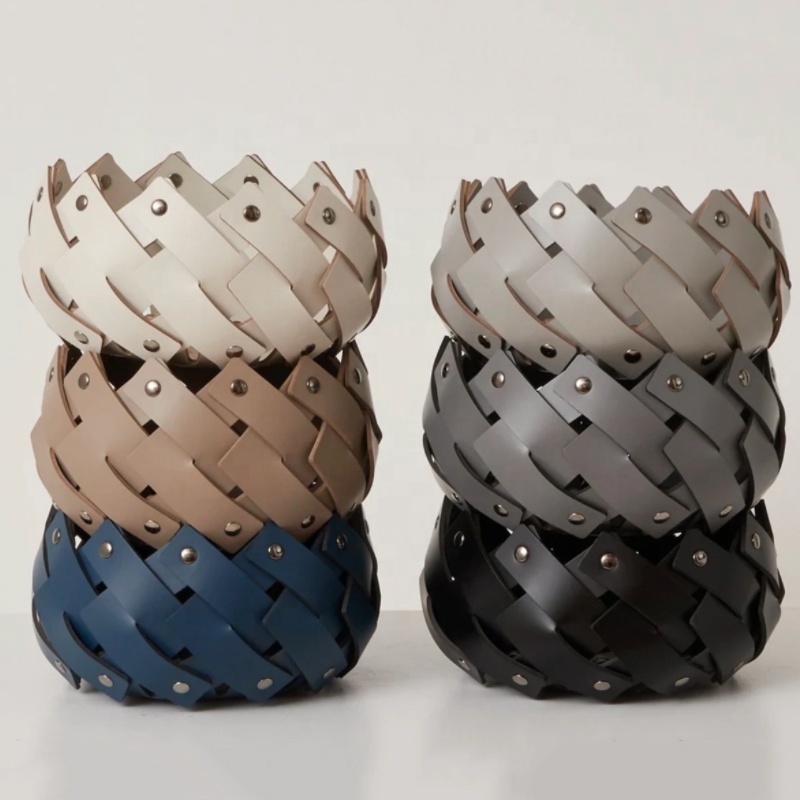 Custom Leather Storage Basket Kitchen Bathroom Basket Storage Organizer Round Folding Decorative Trays Home Decor 