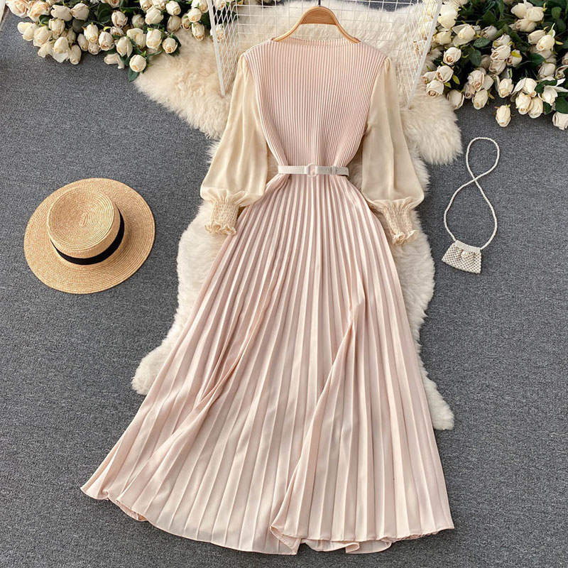 2024 Women's Clothing Wholesale Ladies Long Sleeve Crew Neck Dress With Belt Fitted Pleated Party Dress for Autumn