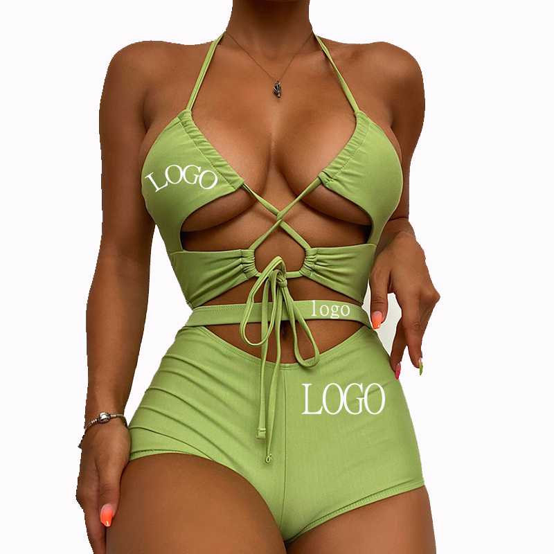 Custom Oem Designer High Waist Halter Swim Cut Out Bathing Suits 2 Piece Swimsuit Bikinis Set For Women 