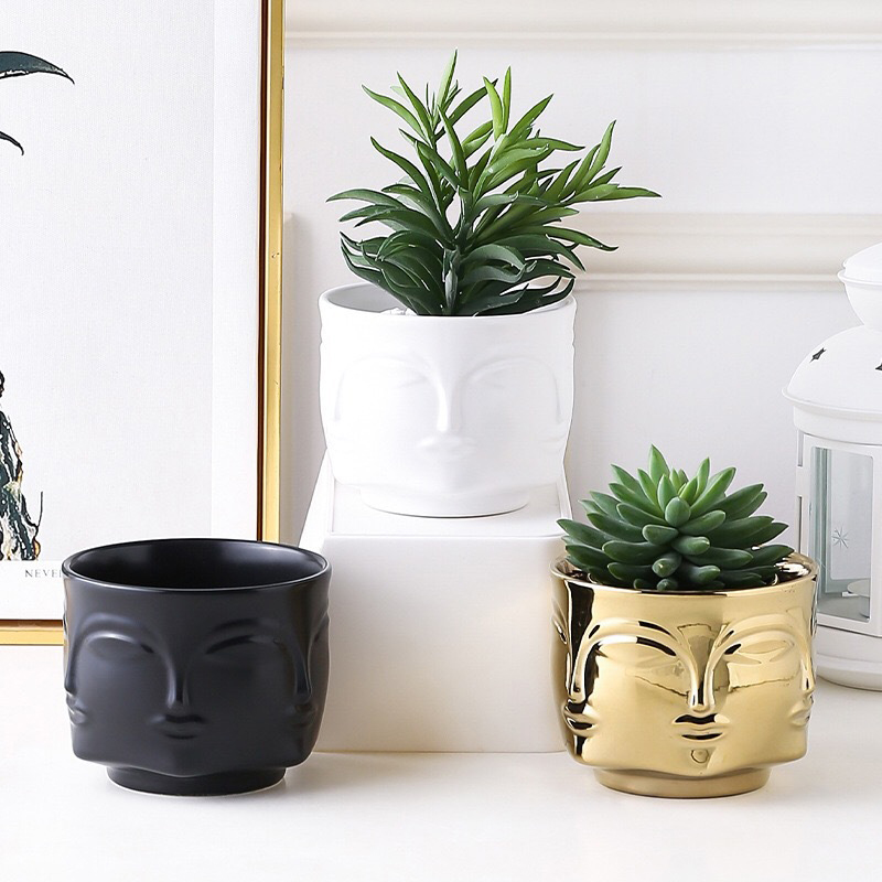 Redeco Modern Wholesale Planters For Succulents Matte Golden Buddha Face Ceramic Succulent Pots For Hotel Home Office Decor 