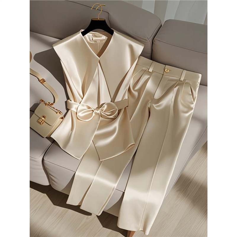 Fashion Bow Belt Sleeveless Tank Tops and Pants Suit Elegant Office Lady Champagne Set Casual Outfit Women Satin Two Piece Sets