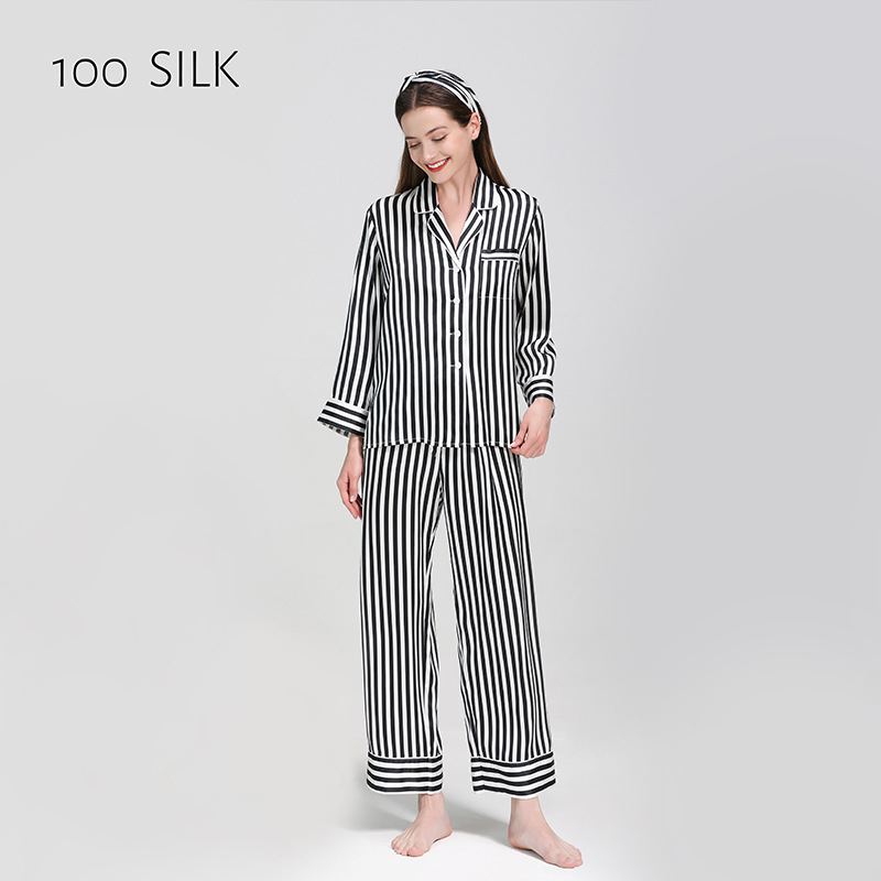 Beta Custom Autumn Printed Stripe Loungewear Set Womens Pajamas 100% Silk Plain Two Piece Silk Set Satin Women&#39;s Sleepwear 