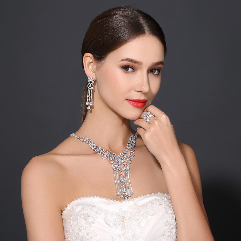 High Quality Rhodium Color Cubic Zirconia Bridal Jewelry Set Wedding Necklace Earring Ring Sets 