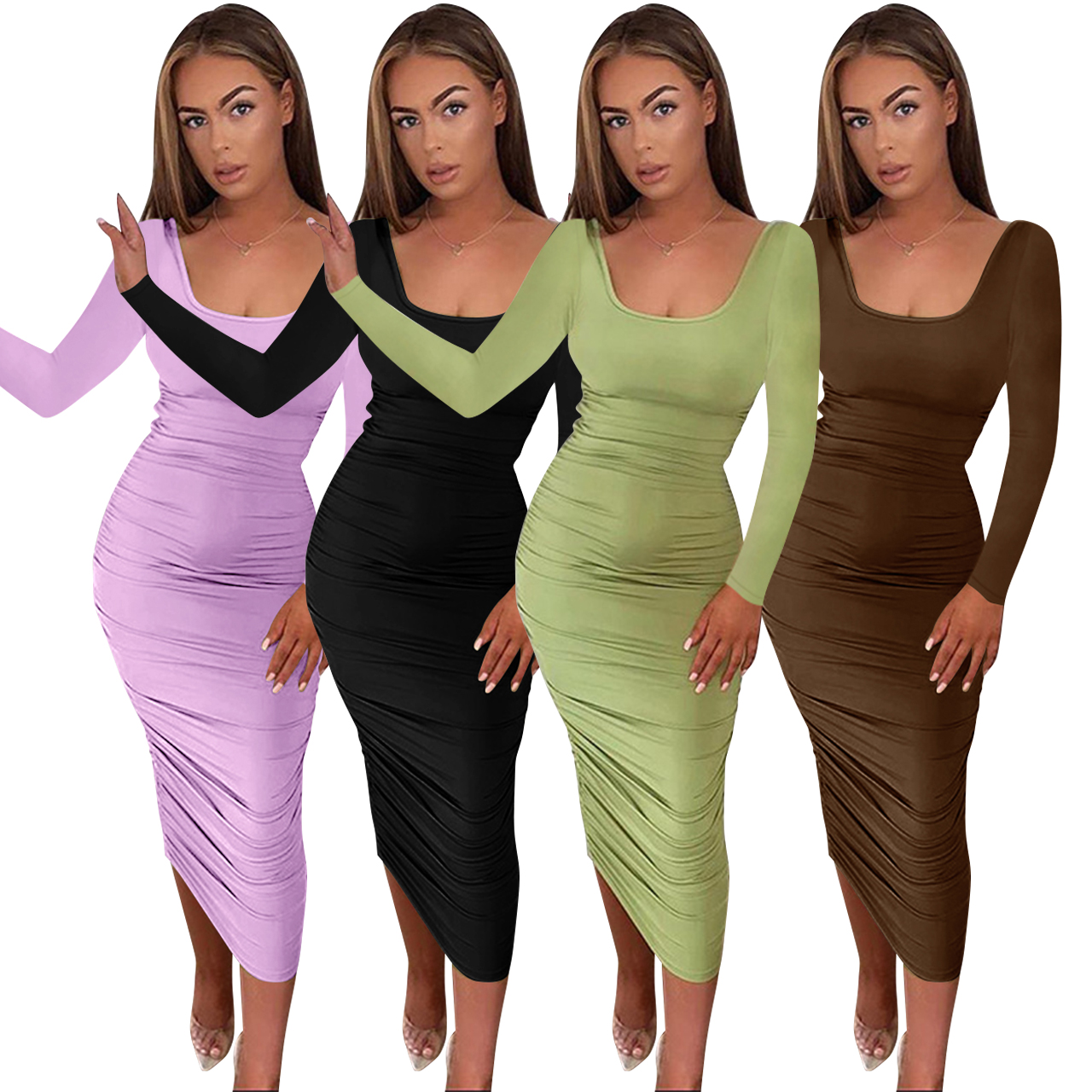 New Style Pleated Dress Long-sleeved Solid Color Square Collar Fashionable Women&#39;s Clothing 