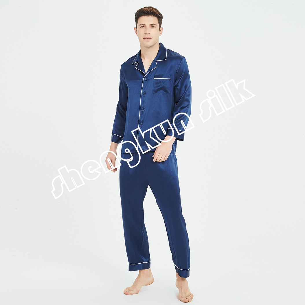 Wholesale Customized Luxurious Silk Sleepwear Shirt Set Long Sleeve Silk Nightwear Pajama Homewear For Men 