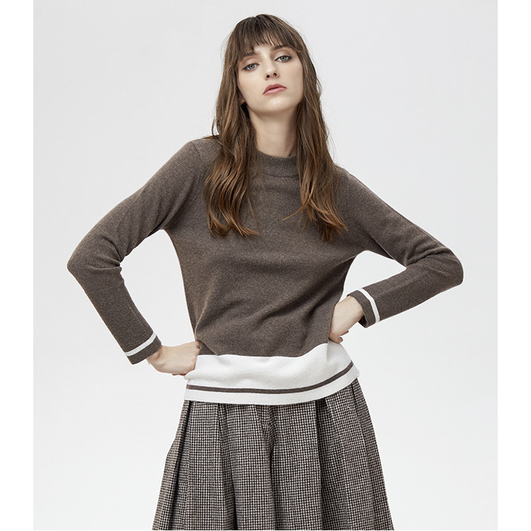 New Design High Quality Women100%cashmere Plain Knitted Contrast Color Pullover Winter Sweater 