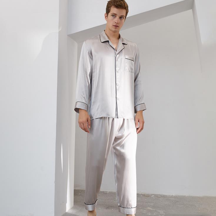 Men Luxury Sleepwear 100% Silk Satin Pajamas Set Soft Long Sleeve Loungewear Set 
