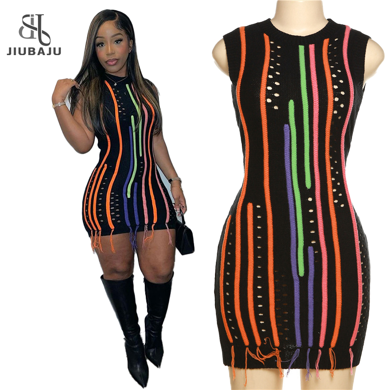 2023 Women Sleeveless Slim Fit Bodycon Colorful Striped Tassel Splicing Female Sweater Y2k Style Women Knitting Mini Dresses 