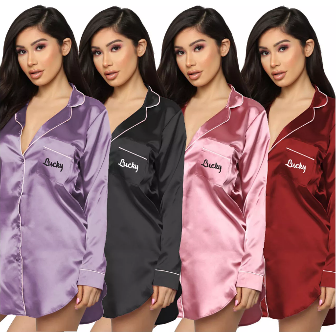 Satin Pj Shirt Oversize Shirt Side Slip Button Pijamas Lounge Wear Allure Women Long Sleeve Silk Pajama Set Women&#39;s Sleepwear 