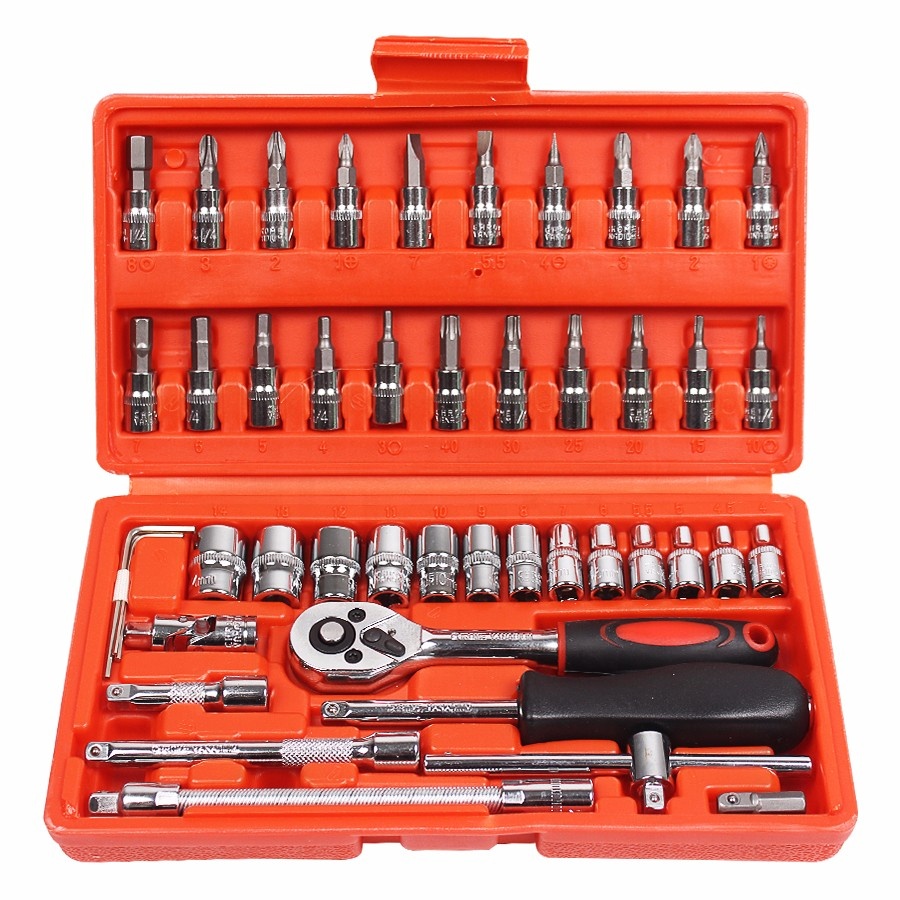 46pcs 1/4 Inch Socket Set Car Repair Tool Ratchet Torque Wrench Combo Tools Kit Auto Repairing Tool Set 