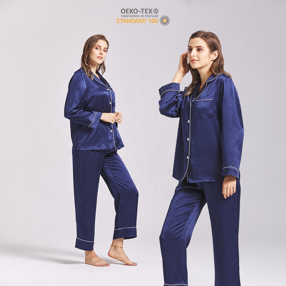 Long Sleeves Two Pieces Organic Silk Pajama Set 22 Momme Women's Silk Sleepwear Navy Blue Silk Pajamas Women 