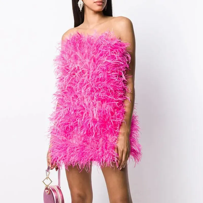 Fashion Blue Lilac Pink Women Sexy Mini Feather Evening Dress Cocktail Club Ostrich Feather Dress For Ladies