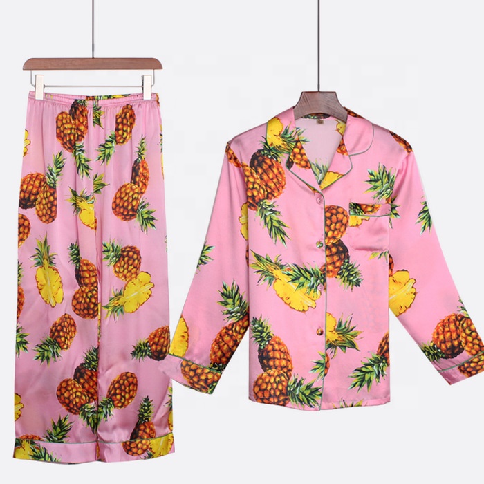 Hot Sale Product Wholesale Luxury Pijamas Long Sleeve Satin Nightgown Pink Printed Pyjama Set Women&#39;s Sleepwear Silk Pajamas 