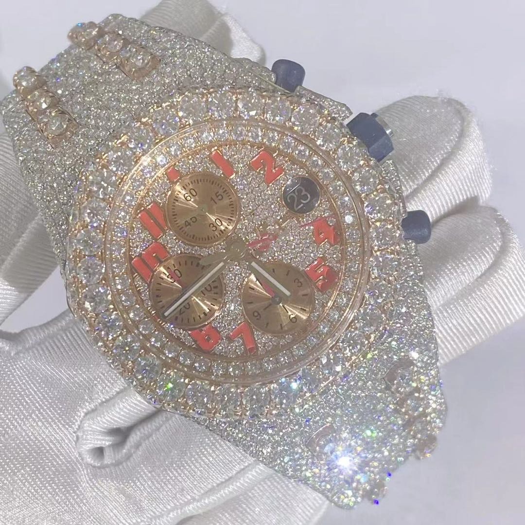 Hip Hop Rose Gold Watch Men Diamond Men Watches Top Brand Luxury Iced Out Male Quartz Watch Calender Big Dial Gift For Men