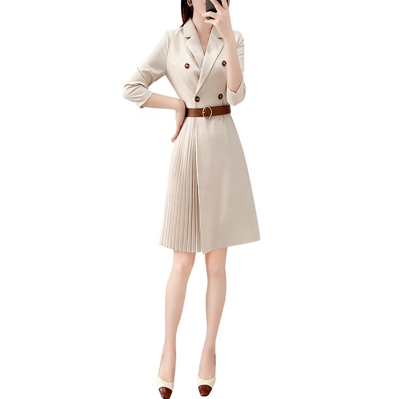 2021 New Hot-selling Office White-collar Women&#39;s Pleated Striped Casual Mid-waist Dress With Belt Waist Dresses 