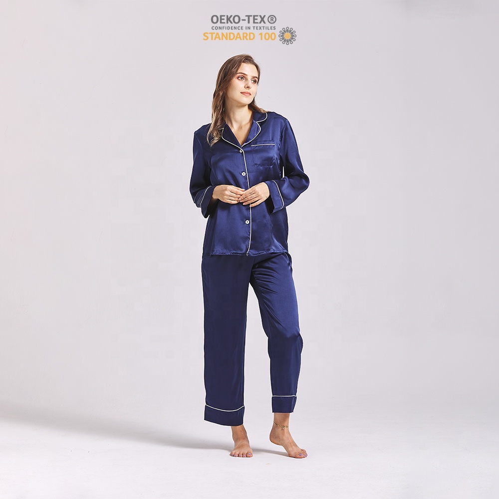 Factory Oem&amp;odm Navy Blue Pure 100% Silk Pajamas Long Sleeves V-neck Silk Pyjamas Women 22 Momme Silk Sleepwear 