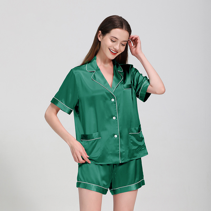 Women Real Silk Satin Pajamas Short Sleeve Loungewear Two-piece Sleepwear Button-down Pj Set 