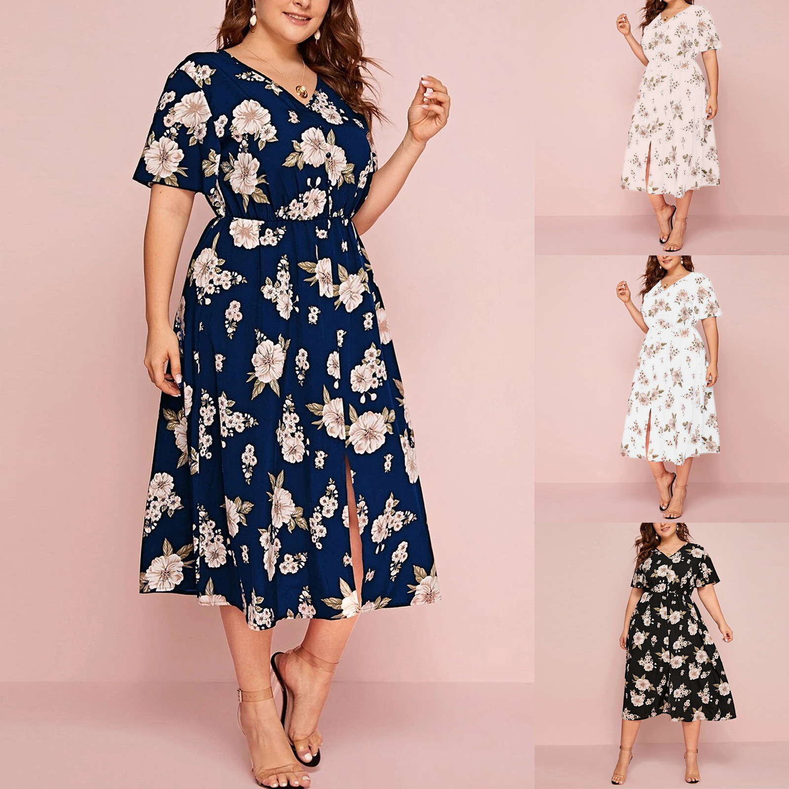 Amazon Women&#39;s Casual Plus Size V Neck Office Wear Floral Print Chiffon Loose Slit Beautiful Elegant Party Dinner Long Dresses 