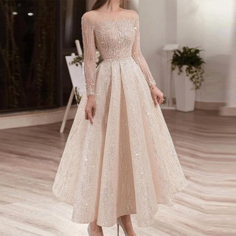 10717-sw93 Strapless Long Sleeve Slim Prom Party Maxi Sequin Wedding Ball Gown Evening Dresses Long For Women Sehe Fashion 
