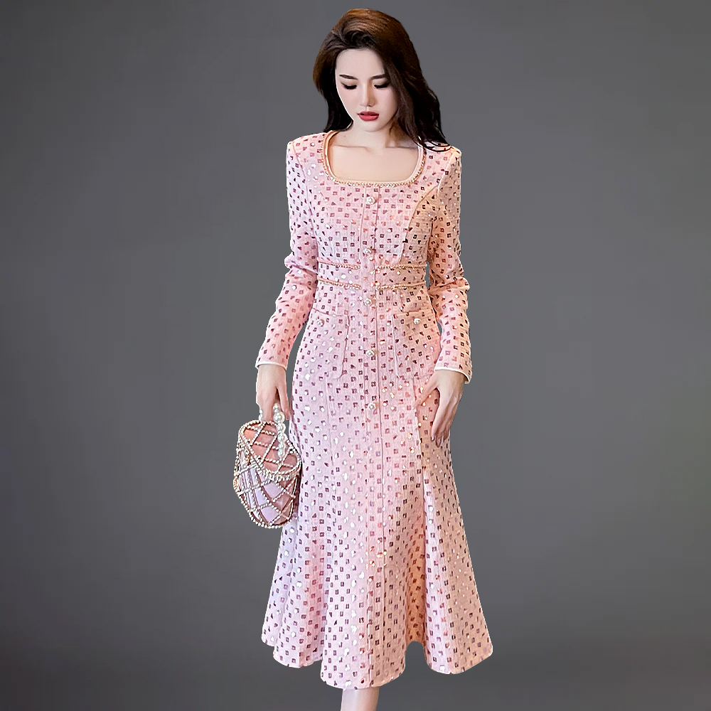 ZYHT 50696 Bulk Wholesale Fishtail Long Midi Casual Pink Tweed Dress Women Formal Lady Elegant Dresses