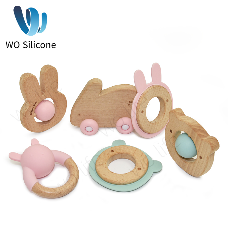 Little Rawr Teethers Silicone Toys Newborn Natural Rubber Teether Silicone Baby Beech Wooden Molar Ring Set 
