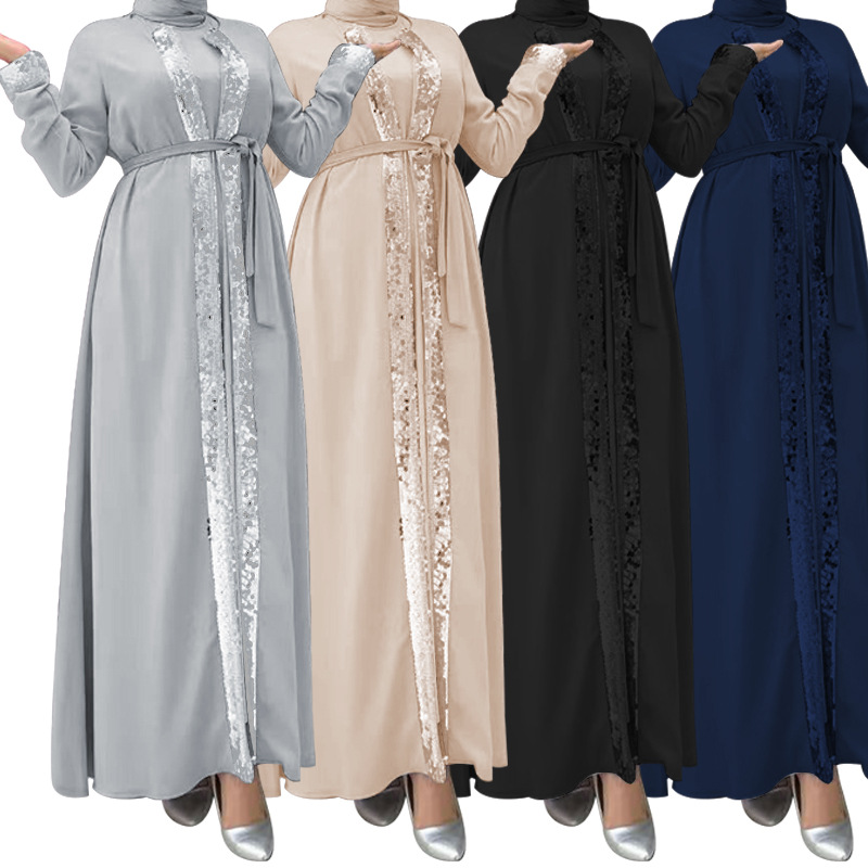 Abaya 2023 New Long Dress Set Sequin Beads Muslim Women Dress Abaya Isamic Clothing Outerwear Dress 2 Piece Abaya Set 