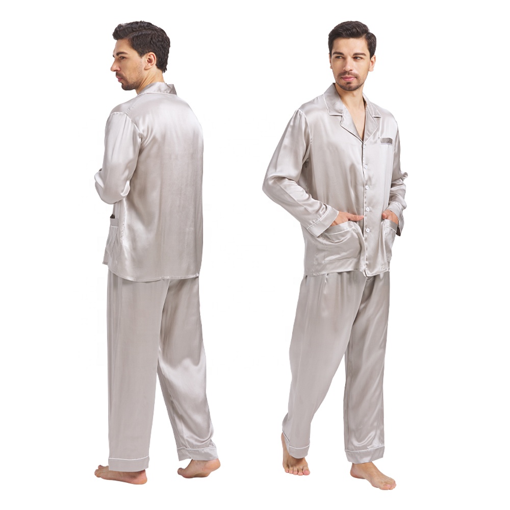2022 New Arrivals Silver Grey Silk Sleepwear For Men Fashion Long Sleeves High Quality Silk Pajama Set 22 Momme Silk Sleep Wear 