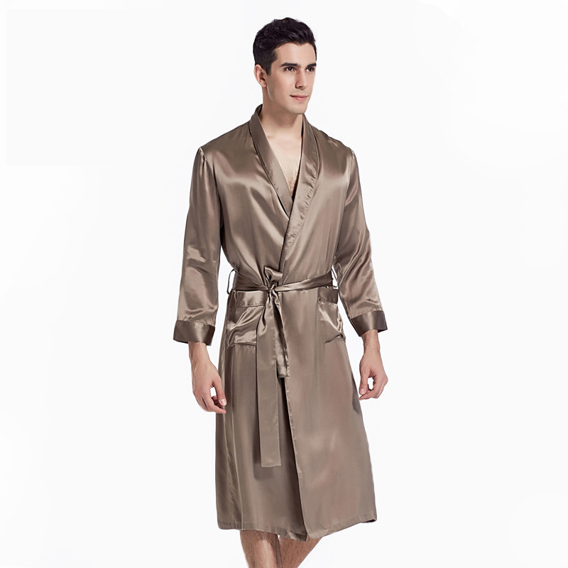 Wholesale Solid Color Silk Satin Robe Long Sleeves House Kimono Luxurious Silk Bathrobe For Men 