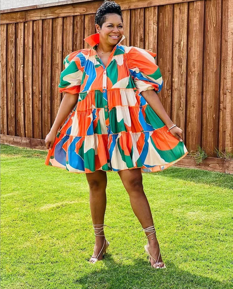 Women New Design Ruffled Dress Birthday Party Mini Dresses Puff Sleeve Printed Plus Size Pleated Dress 