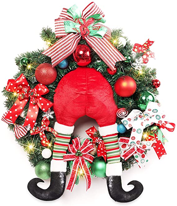 Big Size Christmas Wreath Elf Door Decoration With Elf Dolls,Ribbon Bow,Ball Ornaments And 20 Led Lights 