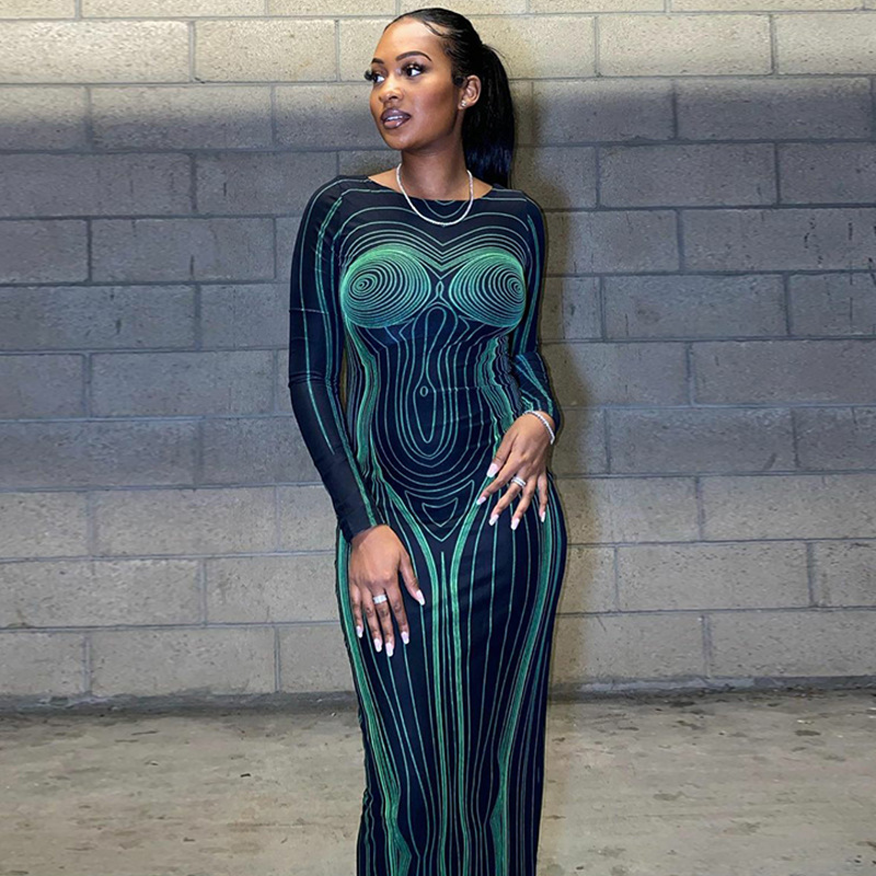 Fs8684a 2023 New Trendy Clothing Women&#39;s Fashion Print Long Sleeve Slim Backless Dress 