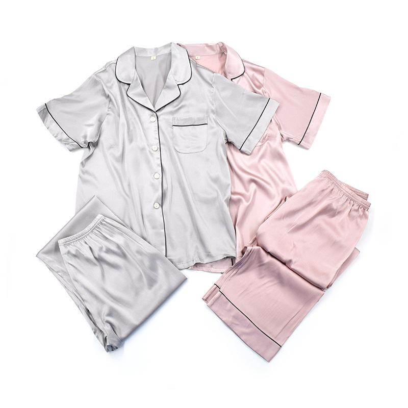 Women&#39;s Short Sleeve Classic Satin Pajama Set Button-down Ladies Pajamas Sets Solid Luxury Two Pieces Sleepwear 