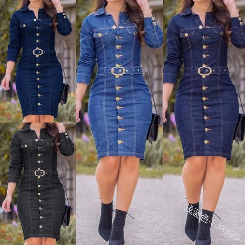 Hot Sale Spring Autumn Womens Casual Dresses Button Up Belted Long Sleeve Bodycon Knee-length Denim Dress 