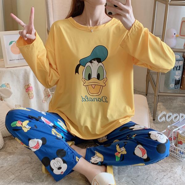 Kawaii Print Women&#39;s Pajamas Set Autumn Long-sleeve Pajamas Cute Pink Cartoon Female Homewear Loose Casual Sleepwear 