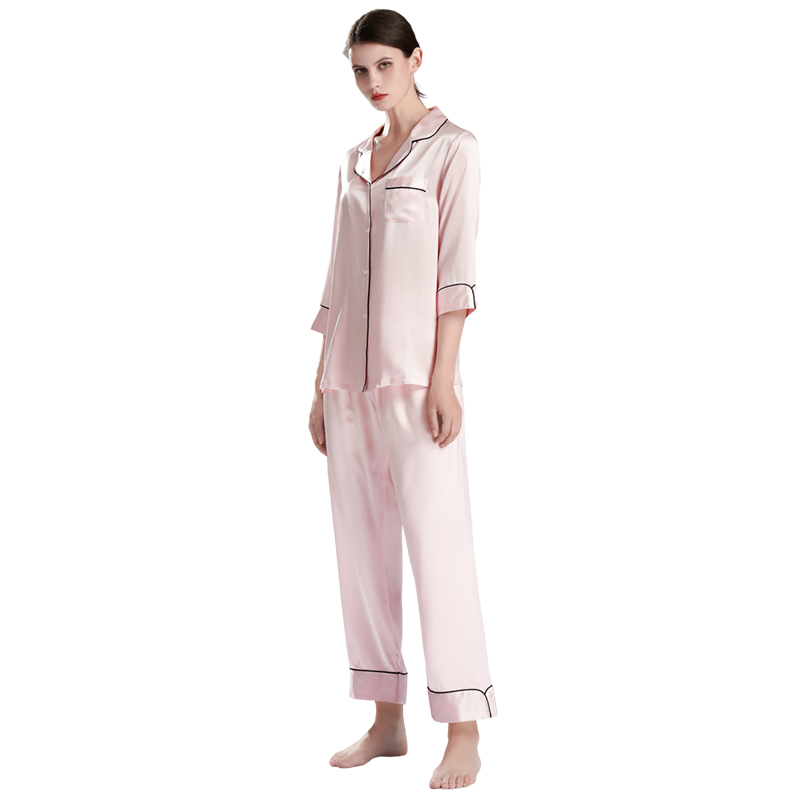 Wholesale Four Seasons Use 19mm 100% Silk Women&#39;s V-neck Silk Pajama Set With Long Sleeve Pants 