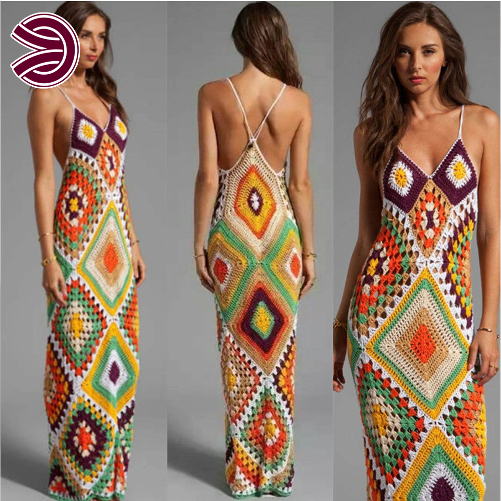 Floor-length Summer Sleeveless Suspender Dress Hollow Women Knitted Casual Holiday Handmade Embroidery Crochet Slip Dress 