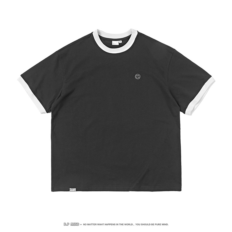 2023 Summer New Men&#39;s Ringer T Shirt Smiley Face Embroidered Crewneck T-shirt Retro Ringer T Shirt Casual Short Sleeves 