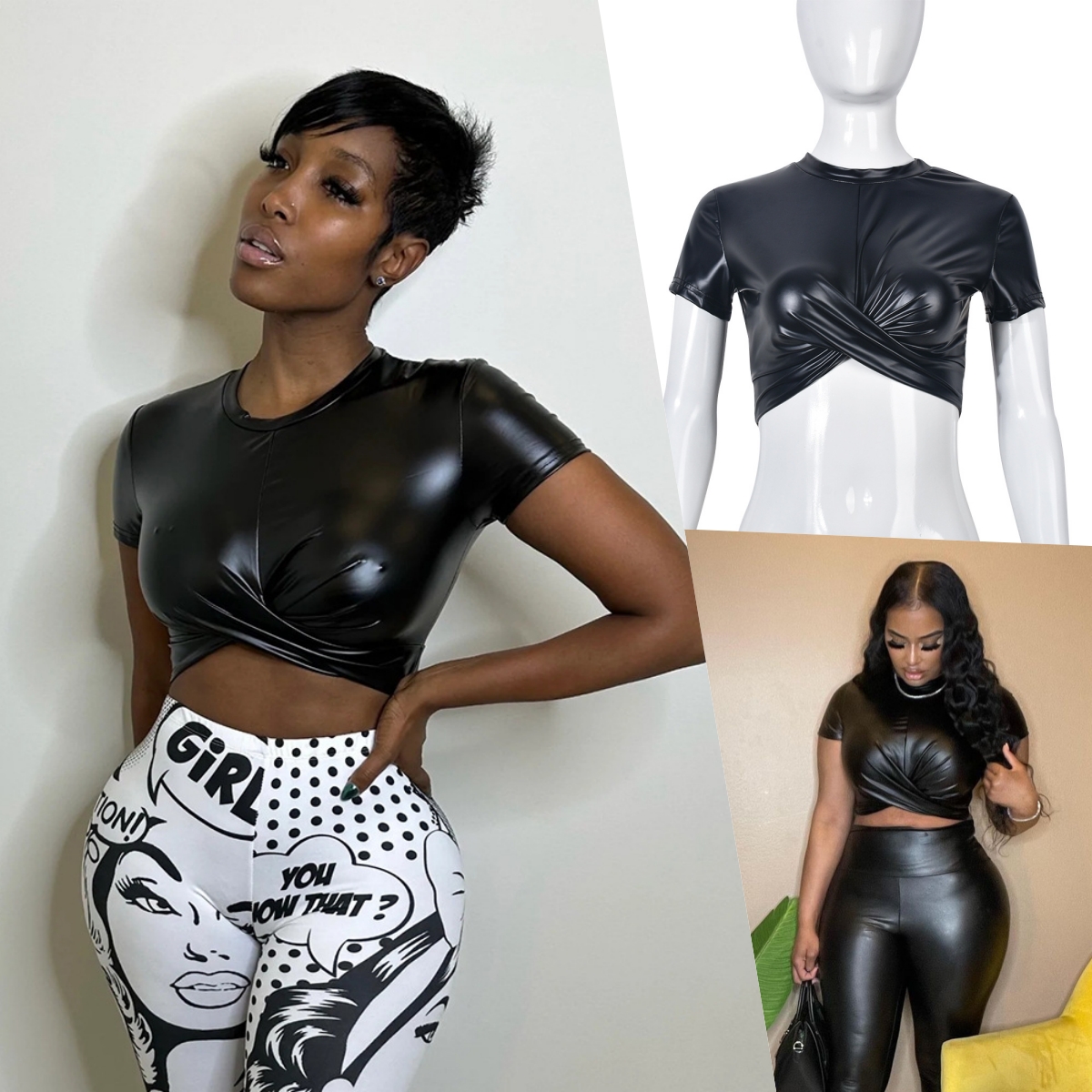 9200td 2023 Latest Hot Design Ladies Leather Crop Top Women Sexy Faux Leather T-shirts 