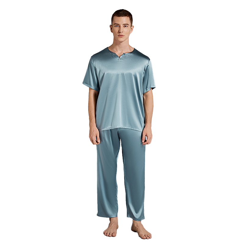 High Quality Elastic Silk Satin Round Neck Men Sleepwear Sets Solid Short Sleeve Pajama 
