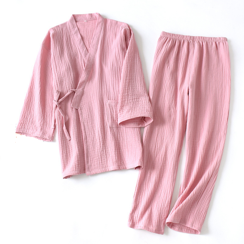 100% Cotton Soft And Light Weight Long Sleeve Muslin Pajamas Two-piece Set Sleepwear For Women And Men 
