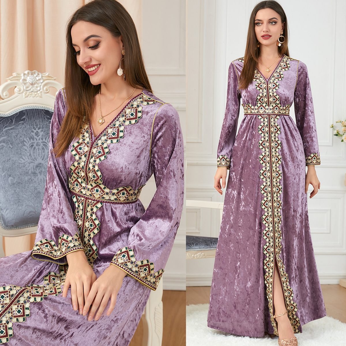 Moroccan Kaftan Dubai Opened Front Gown Dresses For Women Golden Ribbon Loose Sleeve Muslim Turkey Arabic Clothes Velvet 