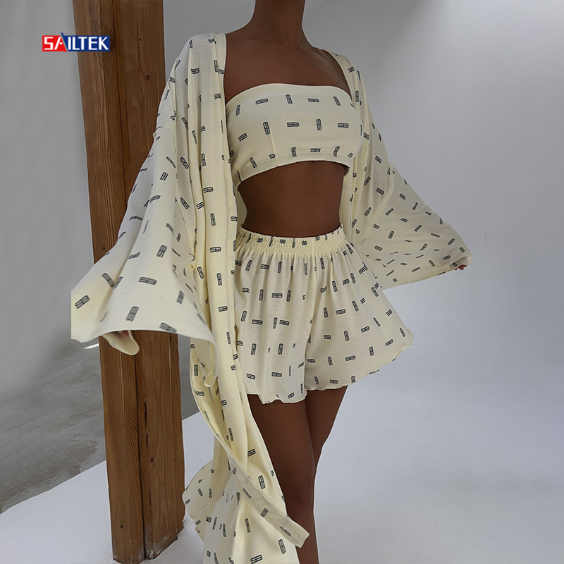 New Fashion 3 Piece Set Women Print Summer Fall 2025 Women's Clothing Custom Ladies Three Piece Robe Tube Top and Shorts Set