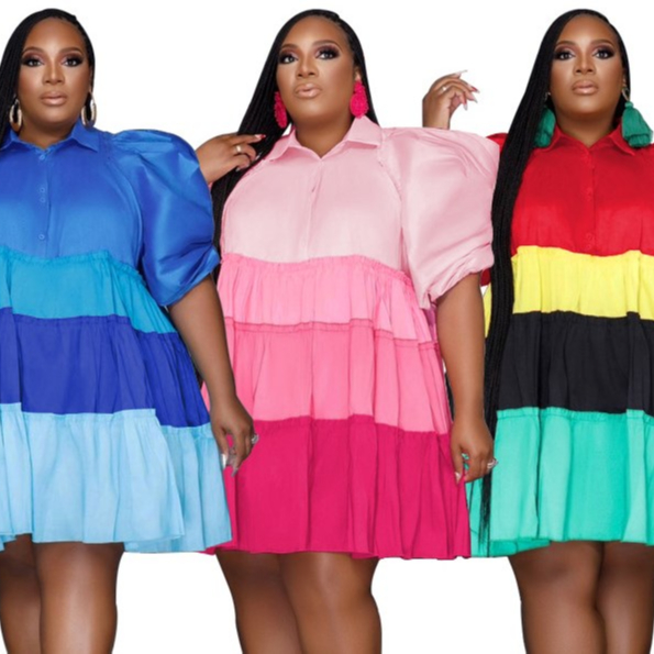Trending Products 2023 New Arrivals Splicing Contrasting Color Puff Sleeve Large Swing Skirt Plus Size Women&#39;s Dress 