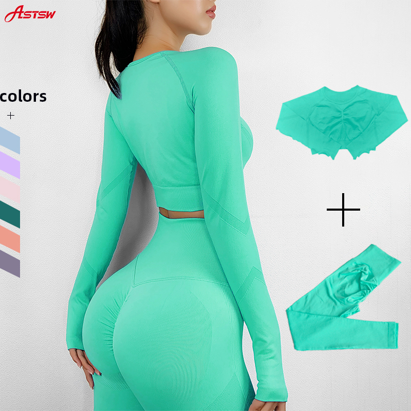 Women&#39;s Sportswear Yoga Set Workout Clothes Athletic Wear Sports Gym Legging Seamless Fitness Bra Crop Top Long Sleeve Yoga Suit 