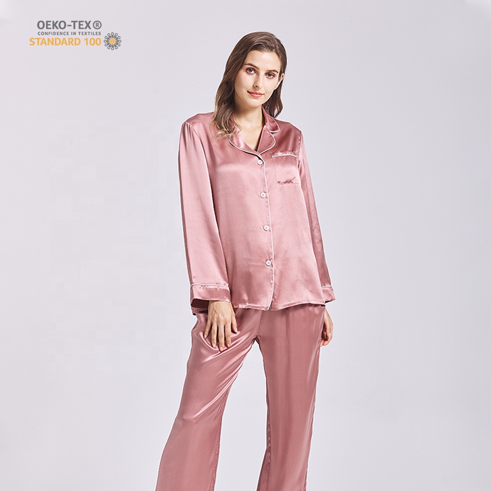 Oem&amp;odm Luxury Long Sleeve V-neck 2 Pieces Silk Pajama Set Custom Size Dark Pink Organic Silk Women Sleepwear 