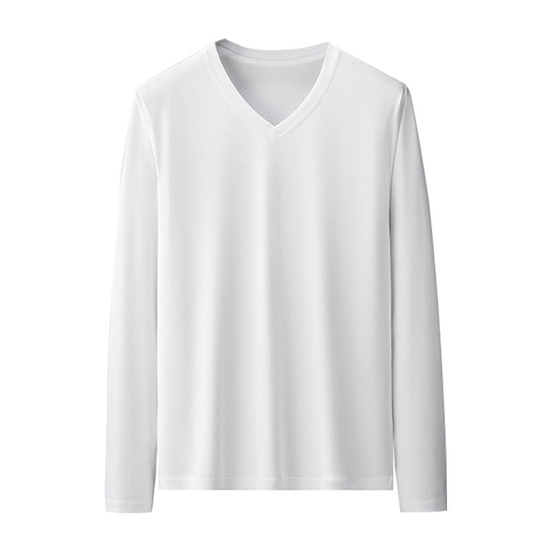White V-neck Long-sleeved Men&#39;s T-shirt Spring Solid Color Pure Cotton Man T-shirt 